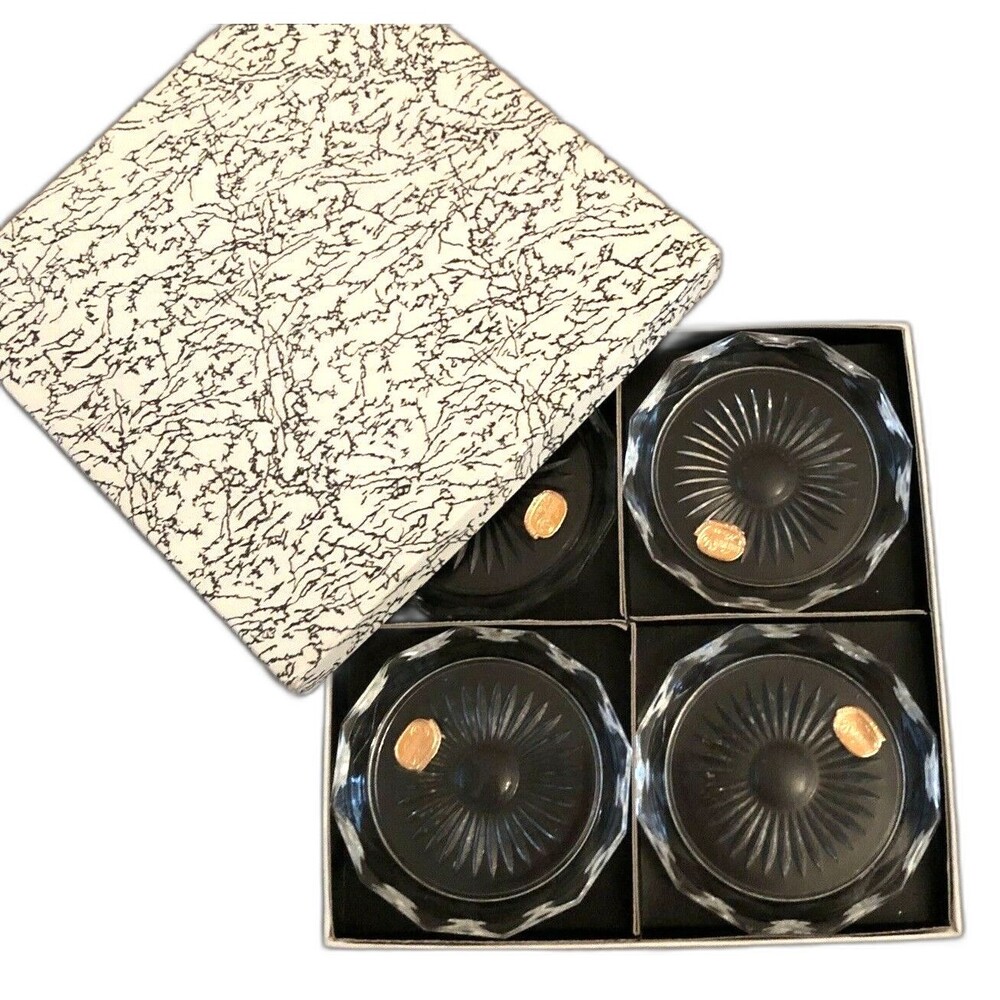Bohemia Czech Cut Glass Crystal Coasters Sunburst Set of 4 VTG New in Gift Box